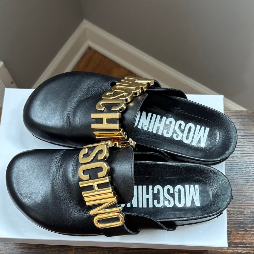 Moschino Black Leather Logo Slide Mules with Gold Lettering - Picture 3 of 7
